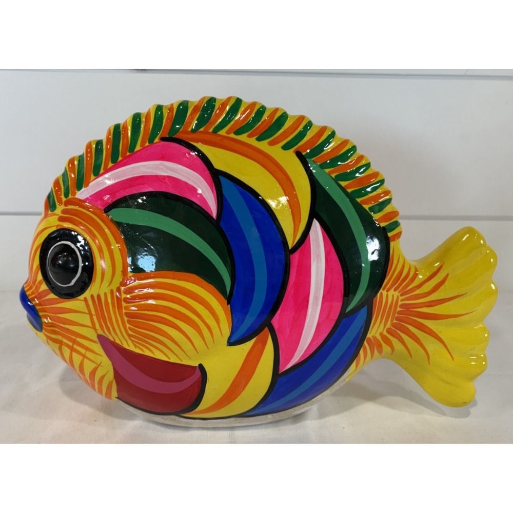 Large‎ Talavera Mexican Folk Art Multicolor Hand-Painted Ceramic Fish Coin Bank